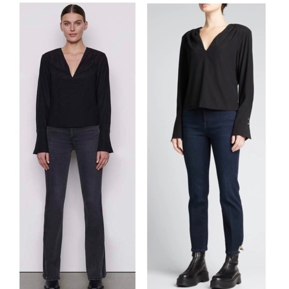 Frame DENIM SILK PLEATED V-NECK LONG SLEEVE BLOUSE TOP - NOIR Size Small - Picture 2 of 11